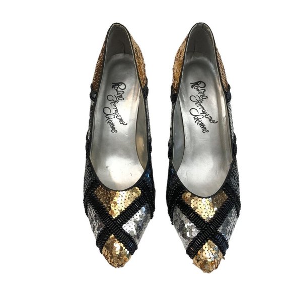 Rosina Ferragamo Schiavone Vintage 60s 70s Gold Silver Sequin Party Pumps Heels - Picture 2 of 9
